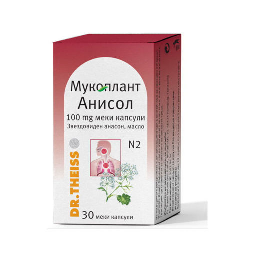 Мукоплант Анисол 100 mg меки капсули притежава експекториращо, спазмолитично и антибактериално действие. Показан е като отхрачващо средство при заболявания на горните дихателни пътища, съпроводени със суха кашлица и с гъст, вискозен секрет.