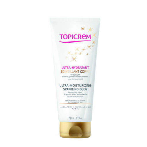 ТОПИКРЕМ Ultra–Moisturizing Sparkling Body хидратираща емулсия за тяло със златист бляскав ефект за суха и/или чувствителна кожа.