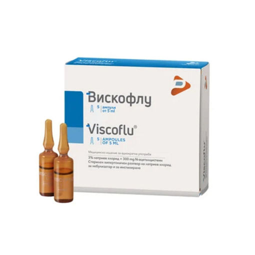 Viscoflu ампули  е стерилен хипертоничен физиологичен разтвор за пулверизиране и инхалация. Вискофлу е показан за лечение на заболявания на дихателните пътища, характеризиращи се с гъста и вискозна хиперсекреция като остър бронхит, хроничен бронхит, белодробен емфизем, муковисцидоза, бронхиектазии, риносинузит, медиосекреторен отит.