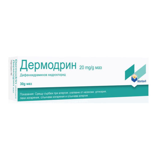 Дермодрин e противоалергичен продукт под формата на маз , който се използва за лечение на сърбеж, локални болки и реакции на свръхчувствителност на кожата при - сърбящи обриви на кожата след излагане на слънчева светлина (слънчева алергия), дерматити, уртикария, сърбеж, екземи, сърбящи ръбове на рани и лющене, ухапвания от насекоми, леки изгаряния и слънчево изгаряне.