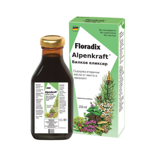 Floradix Alpenkraft е билков еликсир при  кашлица, болки в гърлото и дрезгав глас. Успокоява последиците от временна сухота в гърлото, причинена от пушенето, замърсеният въздух и други. Разбива секрета в белите дробове и по този начин успокоява гърдите и дразненето при влажна кашлица.